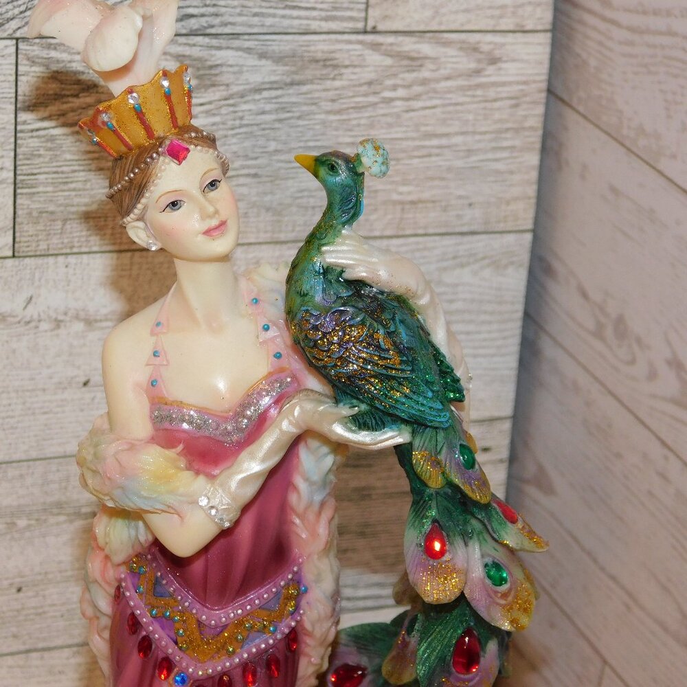 PEACOCK W LADY Figurine with Rhinestones, Statue *